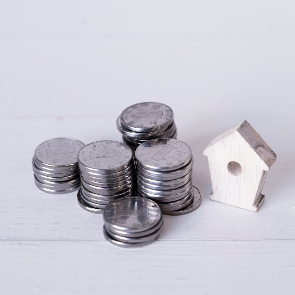 Coins beside a small wooden house